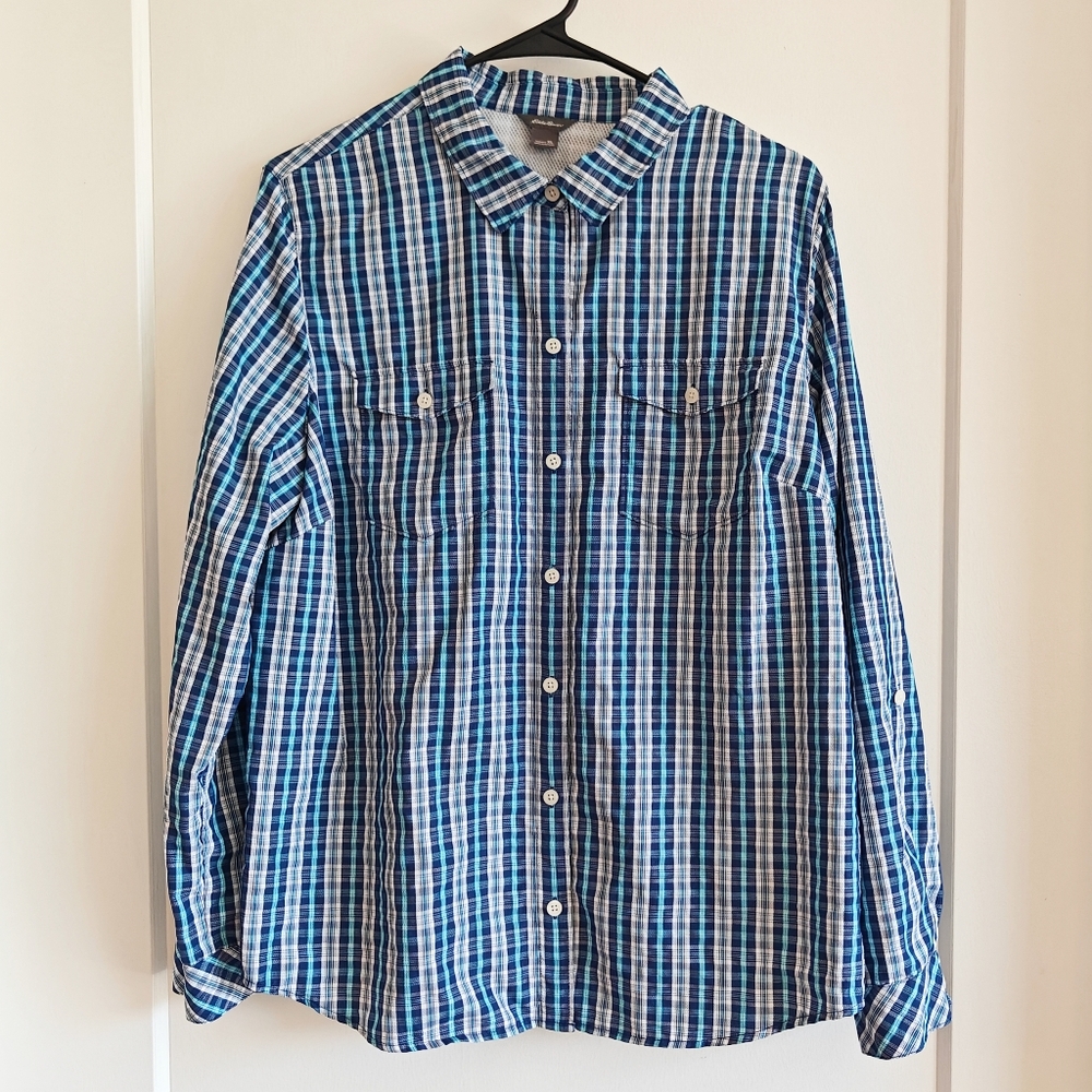 Eddie Bauer Convertible Blue Plaid Adjustable Sleeve Button Up